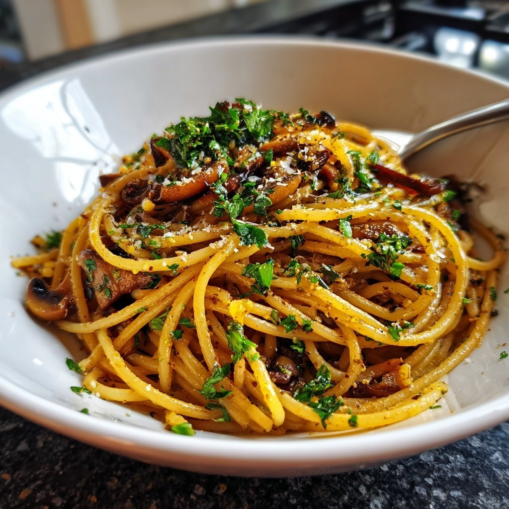 Spaghetti mit Pilzen und Petersilie