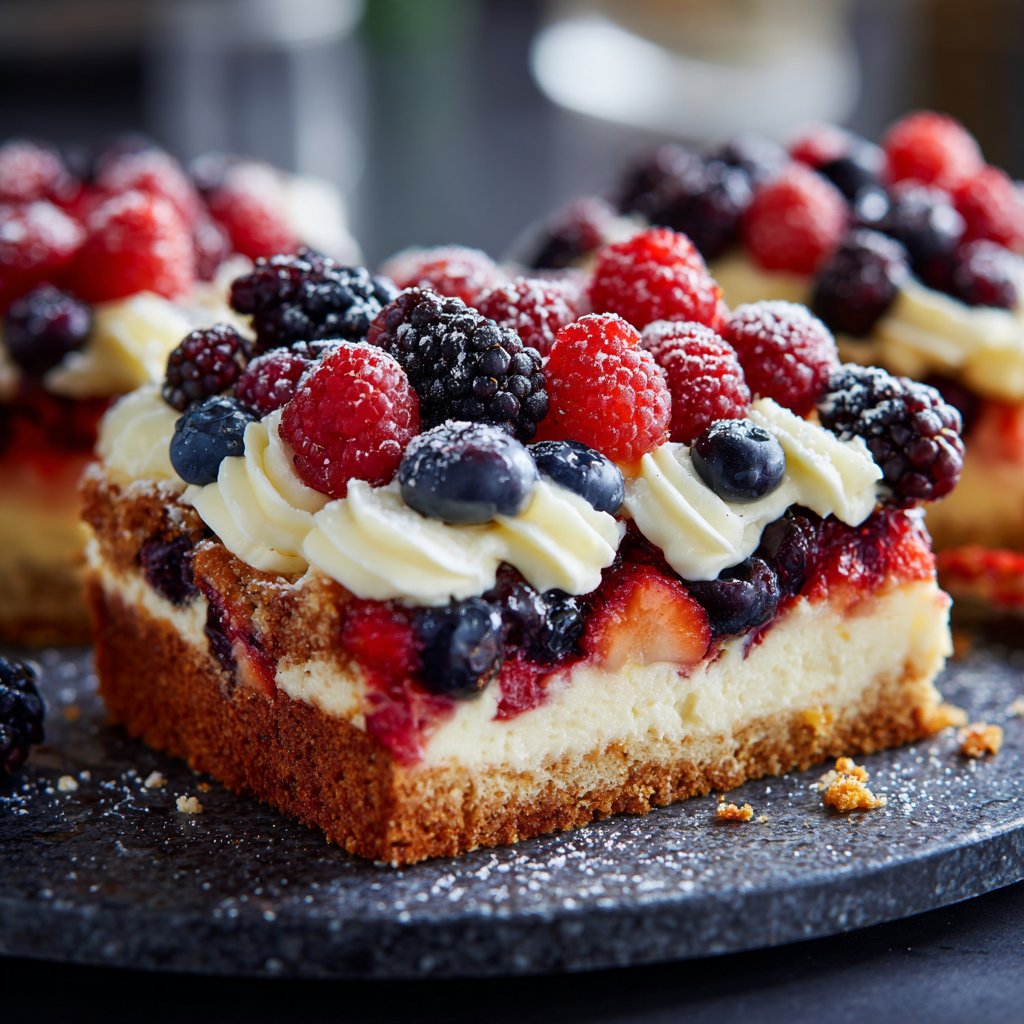 Blechkuchen mit Beeren und Creme