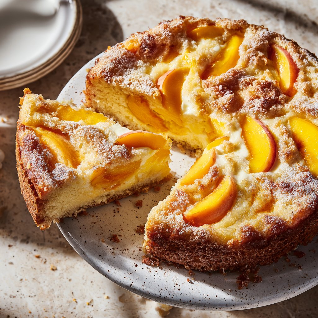 Blechkuchen mit Vanillepudding und Pfirsich