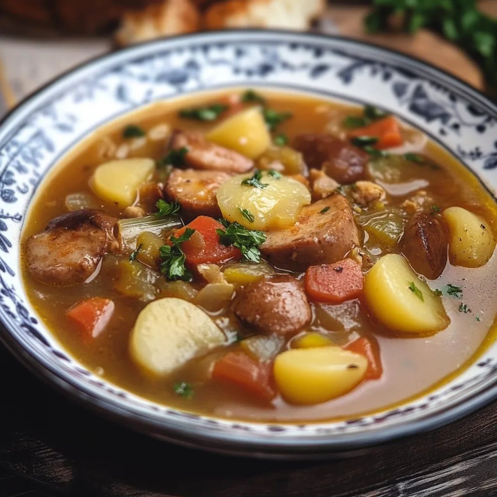 Porree-Eintopf mit Würstchen