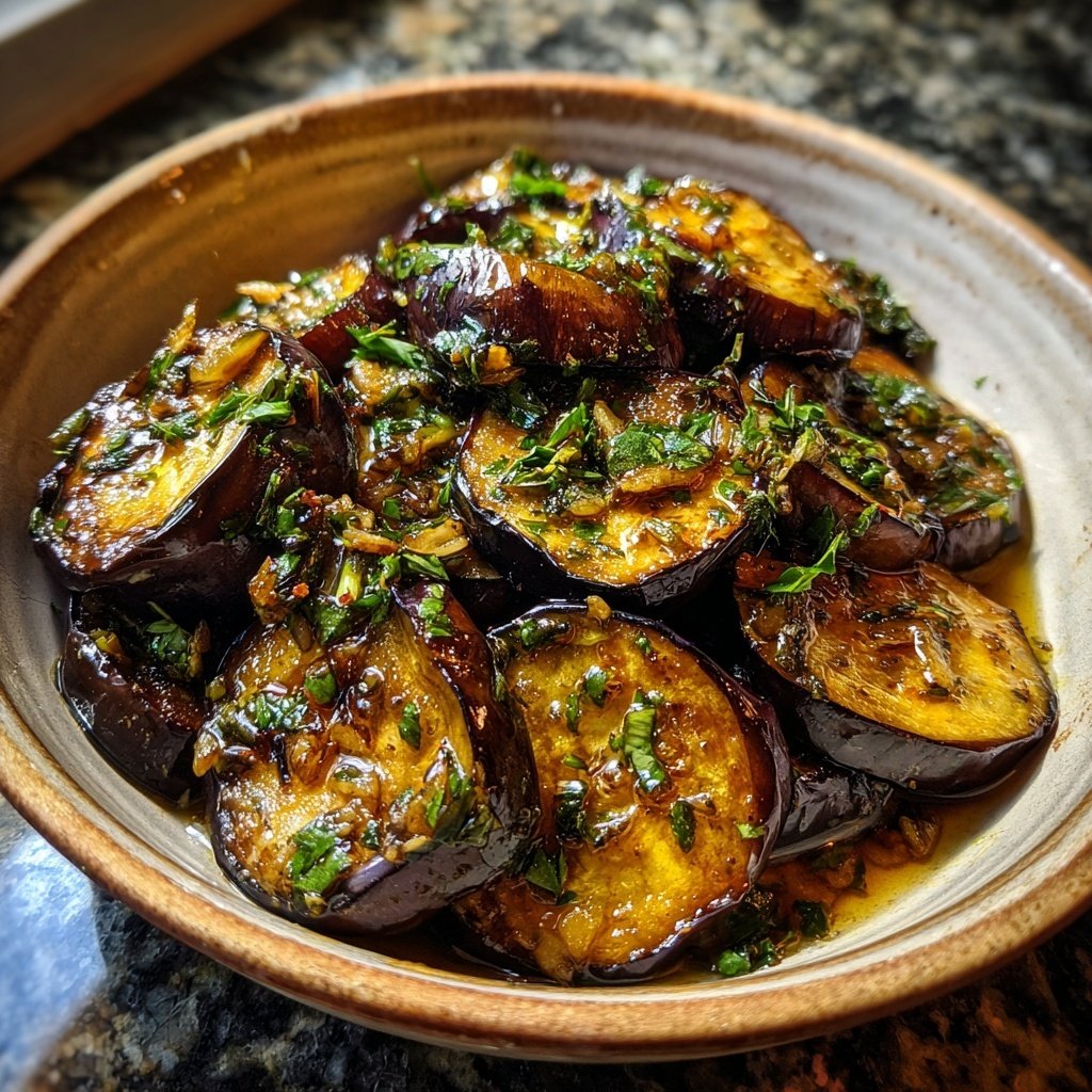 Auberginen aus der Pfanne mit Knoblauch